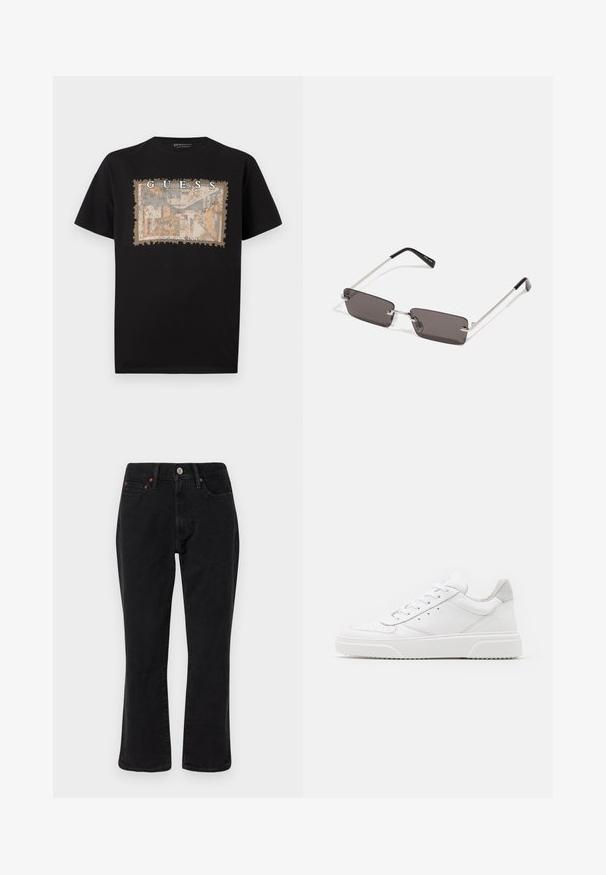 Crna pamučna majica s teksturiranim, pravokutnim grafičkim printom u bež i plavoj boji, s natpisima "GUESS" i "LOS ANGELES" u podebljanoj bijeloj boji.; Crne traperice od denima s ravnim krojem, pet džepova i metalnim detaljima s bakrenim akcentima. Glatka tekstura i srednja visina struka.; Bijele kožne tenisice s glatkom površinom, okruglim vrhom, ravnim vezicama i strukturiranom potplatom. Sivi antilop naglasak na peti.; Naočale s pravokutnim, tamnosivim lećama, srebrnim metalnim okvirom i crnim plastičnim vrhovima na ručkama. Lagani dizajn s jastučićima za nos.