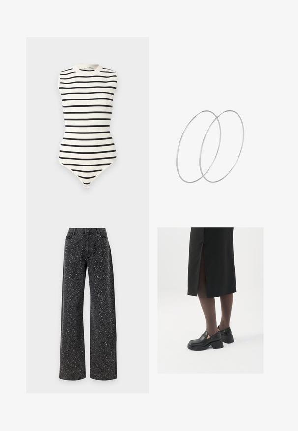Abercrombie & Fitch LUXELOFT BARE BODYSUIT - Top - jet stream/black; Noisy May NMJANNEL LOOSE - Široke kavbojke - black denim; Črne usnjene čevlje s zaobljenim prstom, debelim blokastim petama in elastičnimi stranskimi detajli, v kombinaciji s temno nogavicami in črno krilo z razporkom.; Srebrne uhane v obliki obroča z minimalističnim dizajnom. Krožna oblika, gladka tekstura in tanek profil. Lahki s poliranim zaključkom.