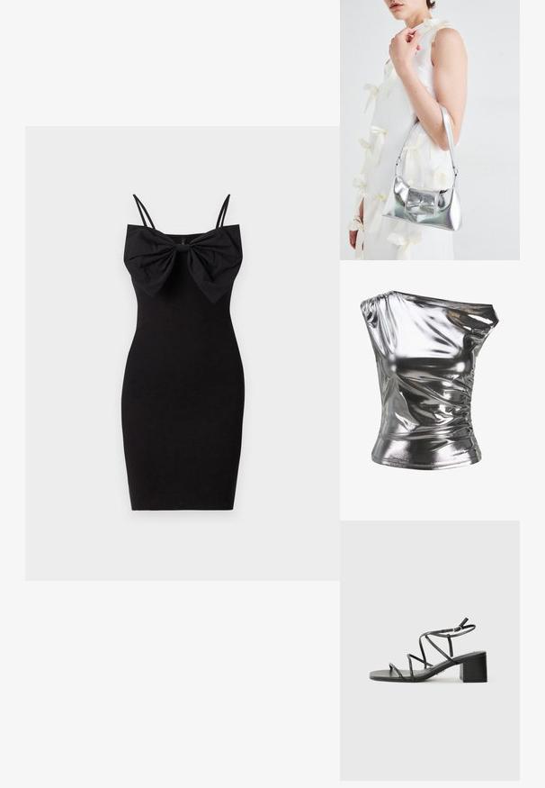 Metaliczny srebrny top z jednolitym ramieniem, marszczoną teksturą i dopasowanym krojem, wykonany z błyszczącego, elastycznego materiału.; Czarna dopasowana sukienka z dużą kokardą przy dekolcie, z cienkimi regulowanymi ramiączkami oraz gładką, elastyczną teksturą materiału.; Czarne sandały na obcasie z kwadratowym noskiem, wykonane z gładkiego materiału. Mają regulowane paski na kostce oraz minimalne elementy ozdobne.; Srebrna metaliczna torebka o strukturalnym kształcie, wyposażona w górną rączkę i detal w postaci kokardy z przodu. Gładka tekstura, odbijające światło wykończenie.