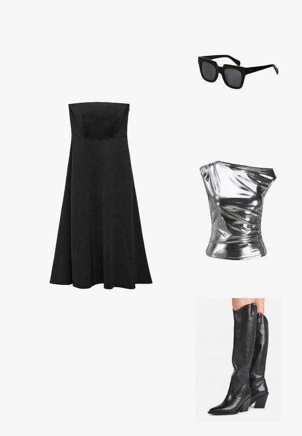 Metallic silver top featuring a one-shoulder design, ruched texture, and a fitted silhouette, made from a shiny, stretchy fabric.; Black strapless dress with a fitted bodice and flared, floor-length skirt. Made from smooth fabric with no visible patterns or accents.; Black leather knee-high boots with a pointed toe, curved shaft, and chunky heel. Features a smooth texture and pull tabs on the top.; Black rectangular sunglasses with thick plastic frames and dark lenses. The arms are sleek with a glossy finish and minimal branding.; Black leather handbag with a curved design, gold-tone hardware, and a top handle. Features a sleek closure and smooth texture.