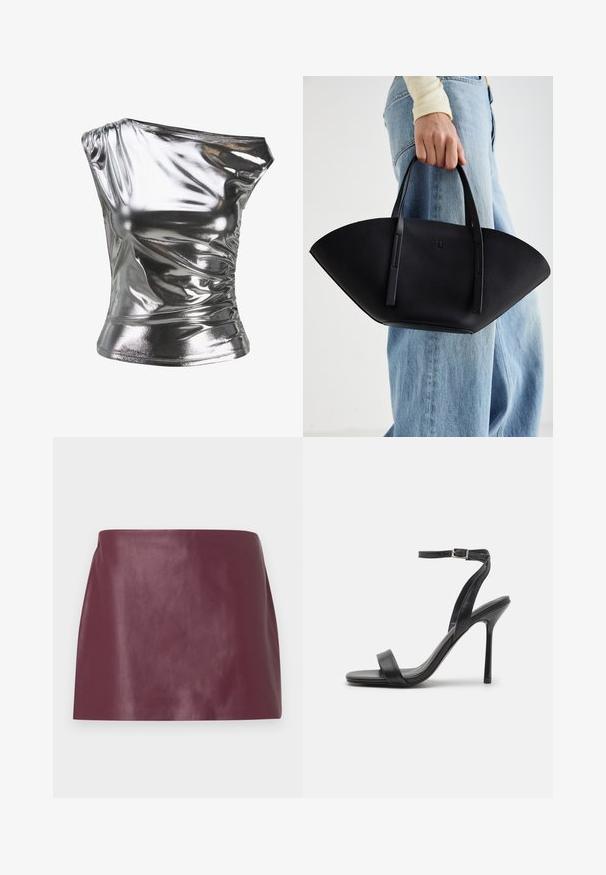 Metaliczny srebrny top z jednolitym ramieniem, marszczoną teksturą i dopasowanym krojem, wykonany z błyszczącego, elastycznego materiału.; Mini spódnica z gładkiej burgundowej skóry w prostym kroju, bez widocznych zdobień czy zapięć.; Czarna sandałka na wysokim obcasie z cienkim paskiem wokół kostki i dwoma pasami z przodu. Wykonana z gładkiej skóry, z eleganckim spiczastym noskiem i obcasem typu stiletto.; Czarna skórzana torebka w unikalnym kształcie wachlarza, z płaskimi uchwytami. Powierzchnia ma fakturę kamyków i minimalistyczny design.