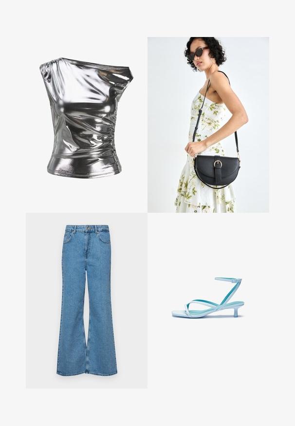 Metalinis sidabrinis viršus su vienos peties dizainu, raukšlėtu tekstūru ir prigludusia siluetu, pagamintas iš blizgaus, elastingo audinio.; Šviesiai mėlynos flared džinsai, pagaminti iš džinsinio audinio, su aukštu liemeniu, penkiomis kišenėmis ir vienu mygtuko užsegimu. Minkštas paviršius su išblukusiu efektu.; Šviesiai mėlynos guminės sandalai su kvadratiniu pirštu, žemu kulnu, reguliuojama kulkšnies juosta ir lygiu, blizgiu paviršiumi. Kryžminiai dirželiai ant pado.; Juodas odinis krepšys su išlenkta forma, nuimamu dirželiu ir auksiniais detalėmis. Krepšys turi kilpą su sagtimi.