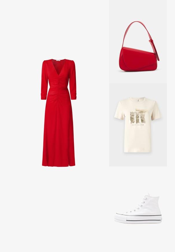 Krémové tričko s krátkym rukávom a grafickým potlačou, ktorá zobrazuje maskáčové vzory a zlaté akcenty. Vyrobené z bavlny, s voľným strihom.; Červené šaty s výstrihom do V, trojštvrťovými rukávmi a nariasením v oblasti pása a na chrbte. Materiál vyzerá hladko a ľahko.; Biele vysoké plátené tenisky s čiernou gumovou podošvou, prednou gumovou špičkou a šiestimi okami na šnúrky, s čistým, minimalistickým dizajnom.; Červená kožená kabelka s ostrým, geometrickým dizajnom. Má jeden nastaviteľný popruh a uzatváranie na klopu so šitím.