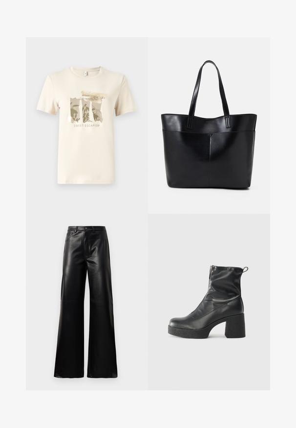 Cream-colored short-sleeve t-shirt with a graphic print featuring camouflage patterns and gold accents. Cotton material with a relaxed fit.; Black high-waist wide-leg faux leather pants with front button, zip closure, belt loops, and side pockets on white background.; Black ankle boots made of smooth leather, featuring a side zipper, chunky textured heel, and rounded toe design.; Black leather tote bag with two long handles, a smooth texture, and a structured shape. Features a front pocket for additional storage.