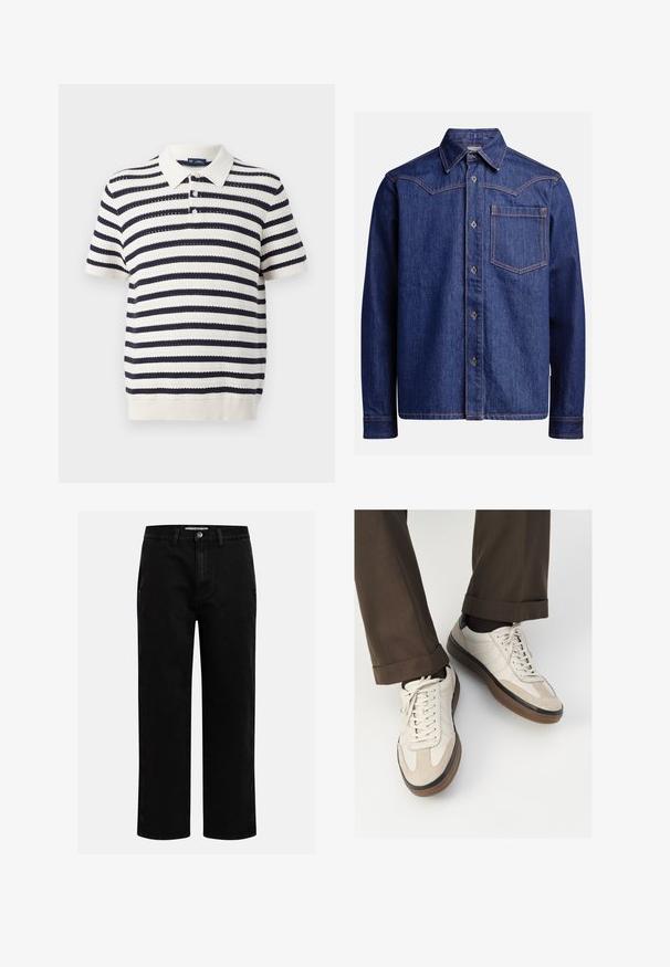 Pruhovaná polo triko s námořnickými a krémovými střídajícími se pruhy, krátké rukávy, žebrovaný límec a tříknoflíková lišta. Pletená textura.; Tmavě modrá džínová košile s dlouhým rukávem, s špičatým límečkem, zapínáním na knoflíky, náprsní kapsou a kontrastním oranžovým prošíváním.; Černé džíny s rovnými nohavicemi, klasickým pětipocketovým designem a knoflíkovým zapínáním v pase. Hladká textura a odolná látka.; Béžové tenisky s texturovanou semišovou špičkou, hladkými koženými boky a hnědou gumovou podrážkou. Na šněrování a lehkém prošití je detail.