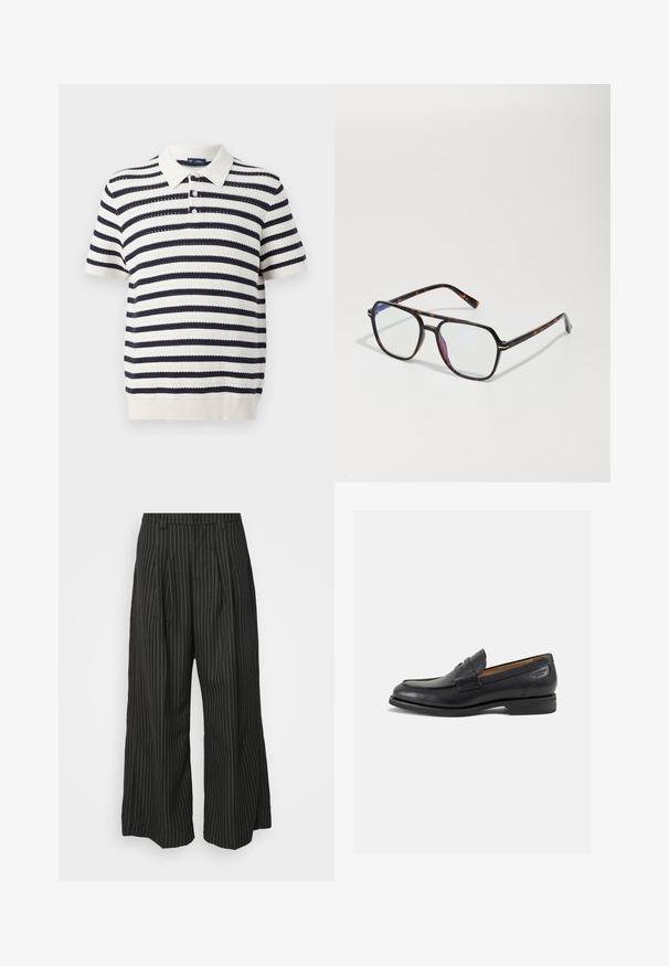 Polo a righe con strisce alternates blu navy e crema, maniche corte, colletto a coste e pattina con tre bottoni. Texture lavorata a maglia.; Pantaloni a gamba larga neri a righe con pieghe, caratterizzati da un design sartoriale e una texture morbida. Nessun hardware o decorazione visibile.; Mocassini in pelle nera con finitura liscia, punta arrotondata e cuciture decorative sulla tomaia. Tacco basso impilato e leggero lucido.; Occhiali da sole con motivo tartaruga, di forma quadrilaterale, con lenti trasparenti e sottili dettagli in metallo sulla montatura.