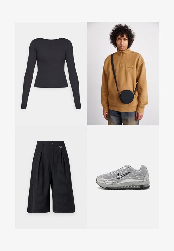 Black long-sleeve top with a fitted design, round neckline, and smooth texture. No visible patterns or hardware.; Black pinstripe shorts with pleats, a button closure, and a metal ring accent. Smooth fabric with a tailored fit and knee-length design.; Gray Nike Air Max sneakers featuring a mesh and synthetic upper, wave-like design, black accents, and a visible air cushioning unit.; Brown quarter-zip fleece sweatshirt with embroidered logo, featuring a black round crossbody bag with a zipper and logo detail, worn over denim.
