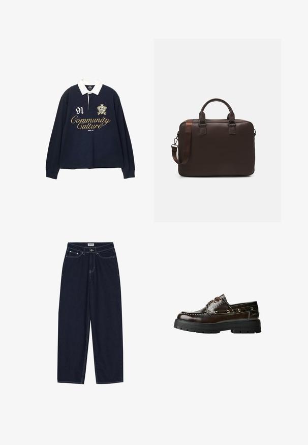 Námořnická polo košile s dlouhým rukávem a bílým límečkem, na kterém je vyšívaný zlatý text "Community Culture" a číslo "91", a ozdobná erbu.; Tmavě modré denimové kalhoty se širokými nohavicemi, kontrastním prošíváním, předními kapsami a zapínáním na knoflík. Čistý, rovný střih bez ozdob.; Hnědé kožené lodní boty s gumovou podrážkou, včetně švových detailů, kovových ok a tkaničkového designu. Robustní, lehká konstrukce.; Hnědá kožená taška na laptop s texturovaným povrchem, dvojitými horními uchy, nastavitelným popruhem a dvěma předními přezkami pro další detaily.
