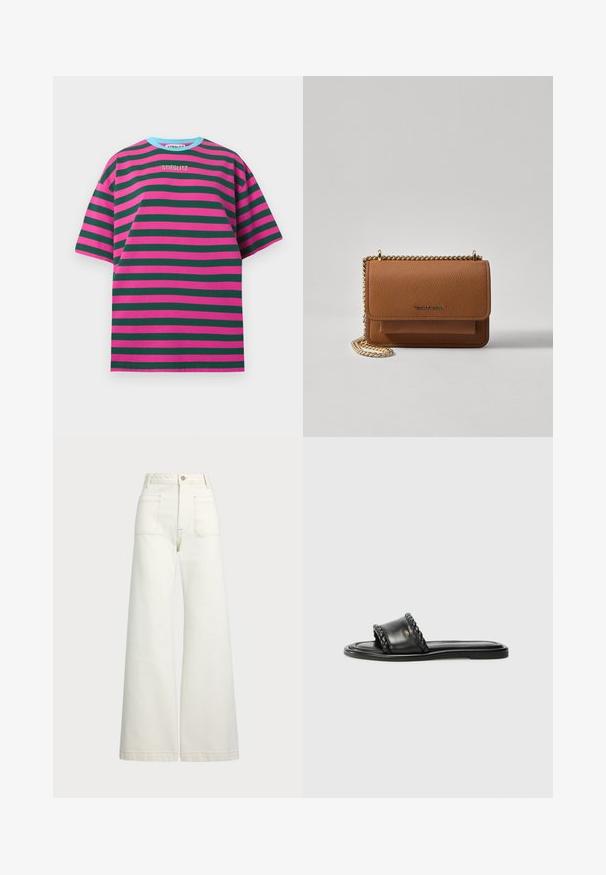 Kortermet T-skjorte med horisontale rosa og grønne striper, bomullsstoff, rund hals med lyseblå kant, brodert "STIEGLITZ"-logo.; Vidde bukser i off-white denim. Høyt liv-design med knappelukking, to frontlommer og kontrastsøm detaljer.; Sorte lærsandaler med en vævet stropdetalje, flad sål og et slankt design. Glat tekstur og minimalistisk profil.; Brun teksturert lær crossover-veske med gullkjede-stropp og klaffelukking. Fronten har logo-detalj og en lomme under klaffen.