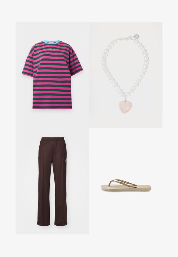 Trumpas rankovėmis marškinėliai su horizontaliomis rožinėmis ir žaliomis juostelėmis, pagaminti iš medvilnės, apvalus apykaklė su šviesiai mėlynu apvadu, išsiuvinėtas "STIEGLITZ" logotipas.; Rudos sportiniai keliai su elastinga juosta, dviem šoninėmis kišenėmis ir maža logo kairėje pusėje, pagaminti iš minkštos medžiagos.; Šviesiai kreminiai šlepetės su tekstūruotu padu, plokščiu padu ir plonomis, blizgiomis dirželėmis. Ant dirželio yra subtilus ženklinimas.; Karoliai, kuriame yra skaidrūs apvalūs karoliukai, sidabrinė furnitūra ir rožinė širdies formos pakabukas su facetuotu paviršiumi.