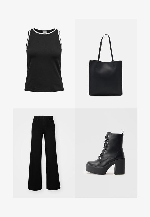 Black sleeveless top made of soft fabric, featuring a rounded neckline with white scalloped detailing along the edges.; Black wide-leg pants made of denim, featuring a structured waistband, belt loops, and front pockets. Smooth texture with a classic design.; Black leather ankle boot with a chunky block heel, lace-up front, and textured surface. Features a tab on the back for easy wear.; Black leather tote bag with smooth texture, rectangular shape, and two long handles. No visible hardware or embellishments.