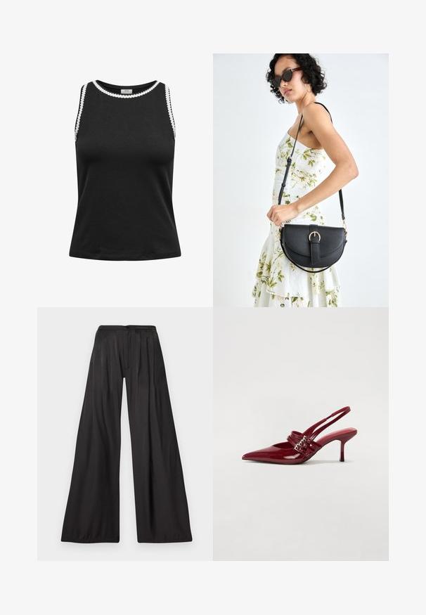 Top negru fără mâneci, confecționat dintr-un material moale, cu un decolteu rotund și detalii albe în formă de valuri pe margini.; Pantaloni cu picioare ample, confecționați dintr-un material negru fin. Prezintă pliseuri verticale, închidere cu nasture și un design cu talie înaltă. Stil minimalist.; Pantofi cu toc slingback din piele roșie lacuită, cu vârf ascutit, două curele cu cataramă și un toc subțire, de înălțime medie. Textură netedă.; Geantă din piele neagră, cu o formă curbată, curea detașabilă și accesorii aurii. Geanta are un capac cu un detaliu tip cataramă.