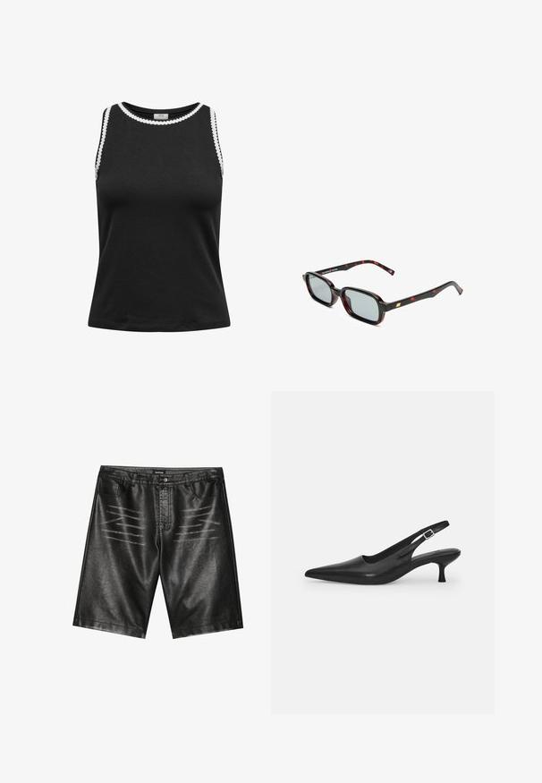Fekete ujjatlan felső, puha anyagból készült, kerek nyakkivágással és fehér, fodros díszítéssel az élein.; Fekete műbőr rövidnadrág, sima textúrával, öt zsebbel és finom csíkos részletezéssel az elején. Klasszikus egyenes szabású dizájn.; Fekete bőr szandálcipő hegyes orral és karcsú, ívelt sarokkal. Diszkrét, állítható pánttal rendelkezik, fém csattal.; Fekete és piros mintás, téglalap alakú keretekkel rendelkező napszemüveg, szürke lencsékkel és arany kiegészítővel a szárakon. A dizájn karcsú és modern.; Kígyómintás kézitáska ívelt fogantyúval. Texturált, bézs és barna anyagból készült, jellegzetes gyémántmintával.