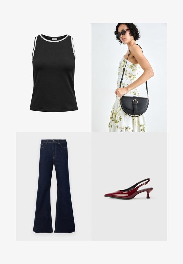 Črna brezrokavnik iz mehkega materiala, s krožnim izrezom in belim valovitim detajlom ob robovih.; Temno modri flare kavbojke z visokim pasom, sprednjimi žepi in zlatimi šivi. Gladka tekstura s tradicionalnim krojem.; Burgundske paten kože slingback pete s oštrim nosom i elegantnom stiletto petom. Dizajn s otvorenom stražnjom stranom s podesivim detaljem na remenu oko gležnja.; Črna usnjena torbica s ukrivljeno obliko, z odstranljivo naramnico in zlatimi dodatki. Torbica ima pokrov s podrobnostmi v obliki zaponke.