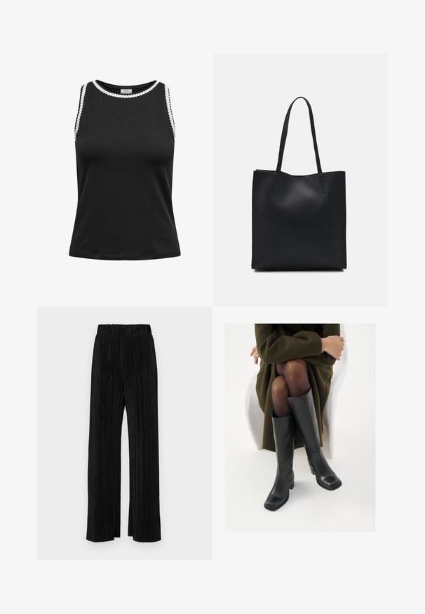 Black sleeveless top made of soft fabric, featuring a rounded neckline with white scalloped detailing along the edges.; Black pleated trousers with an elastic waistband. Features wide legs and a smooth, textured fabric with vertical stripes.; Knee-high black leather boots with a squared toe and block heel, shown with a model seated in an olive green coat. Smooth texture, minimal detailing.; Black leather tote bag with smooth texture, rectangular shape, and two long handles. No visible hardware or embellishments.