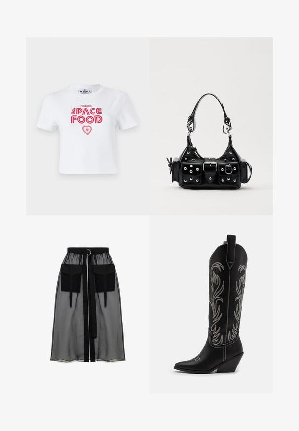 Valge puuvillane t-särk, millel on punane graafiline tekst "SPACE FOOD" südame aktsendiga, lühikesed varrukad ja ümar kaelus.; Must mustriga seelik, millel on kogutud vöökoht, kaks suurt esitaskut, vöötie ja ringikujuline metallaktsent.; Mustad mustad nahast cowboy saapad terava ninaga, vööndkanna ja hõbedaste tikanditega lillemustritega varred. Kontrastõmblused üle kogu.; Must värvi nahast käekott, millel on kaarjas disain, hõbedased nupukesed, kinnitusahe ja kaks külgtaskut. Reguleeritav rihm erinevate kandmisvõimaluste jaoks.
