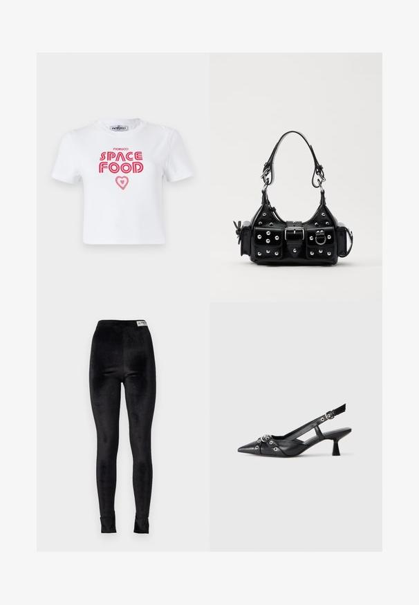 White cotton t-shirt featuring red graphic text that reads "SPACE FOOD" with a heart accent, short sleeves, and a crew neckline.; Black velvet leggings with a high waist, smooth texture, and fitted design; includes a brand tag at the waistband.; Black leather slingback shoe with a pointed toe, decorative straps featuring metal eyelets, and a low block heel. Textured surface.; Black leather handbag with a curved design, featuring silver studs, a buckle, and two side pockets. Adjustable strap for carrying options.