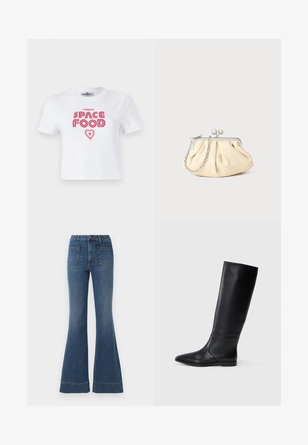 White cotton t-shirt featuring red graphic text that reads "SPACE FOOD" with a heart accent, short sleeves, and a crew neckline.; Flared blue jeans in a medium wash, featuring a high waist, five pockets, and slight fading around the knees and thighs.; Black leather knee-high boot with a pointed toe and minimal design. Smooth texture and flat sole, featuring discreet side stitching details.; Pleated beige leather clutch with a silver metal frame, featuring two round decorative clasps and a silver chain strap.