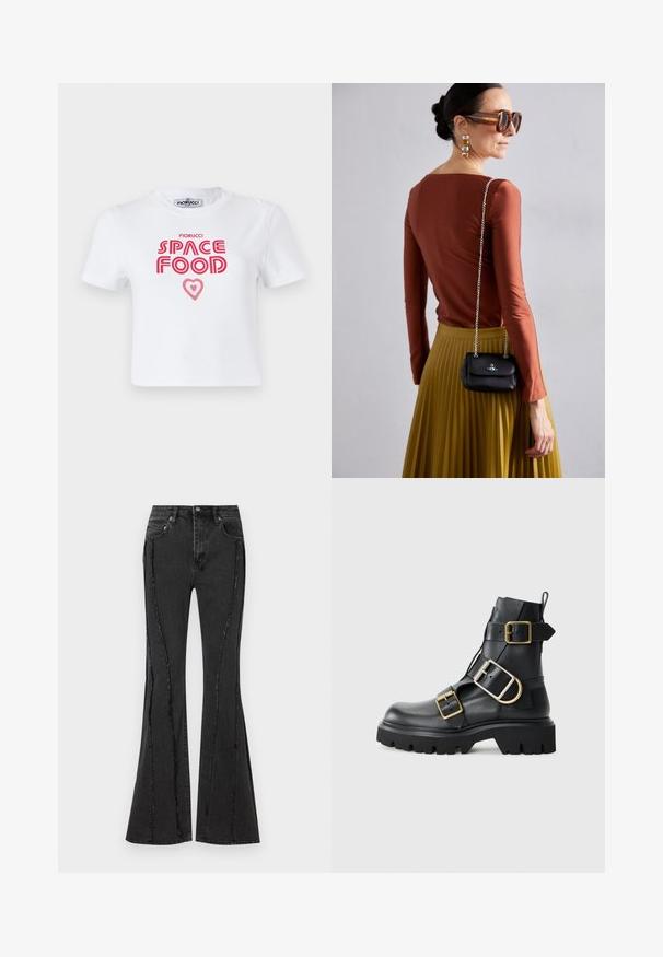 White cotton t-shirt featuring red graphic text that reads "SPACE FOOD" with a heart accent, short sleeves, and a crew neckline.; Flared black denim jeans with distressed design and visible stitching details. Features five pockets and a button closure at the waist.; Black leather ankle boot with chunky sole, featuring multiple straps and gold hardware accents. Smooth texture, rugged design.; Vivienne Westwood SMALL PURSE CHAIN - Cross body bag - black