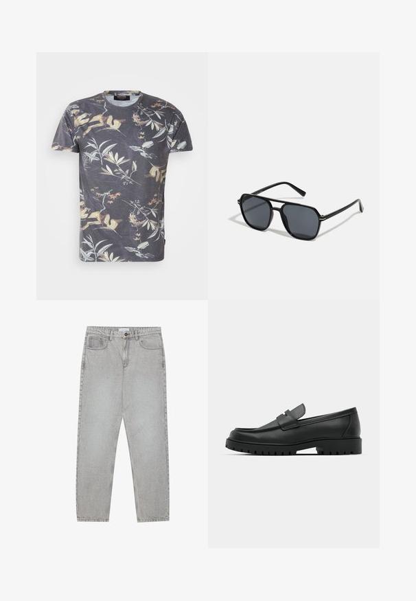 T-shirt s krátkým rukávem v tmavě šedé barvě s vícebarevným botanickým potiskem, obsahující listy a větve, kulatý výstřih a standardní střih.; Světlé šedé džíny s rovnými nohavicemi, pět kapsami a knoflíkovým zapínáním. Viditelné švy podél švů.; Černé kožené mokasíny s kulatou špičkou, zdobené prošitím, s nízkou platformou a texturovanou gumovou podrážkou s drážkováním.; Černé sluneční brýle s osmiúhelníkovým rámem, tmavými čočkami, lesklým povrchem, tenkými nožičkami a zlatými akcenty na přední části.
