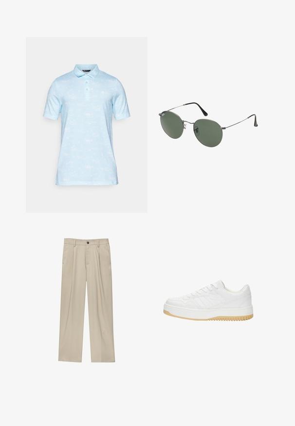 Polo shirt azzurro chiaro a maniche corte con colletto, caratterizzato da un motivo discreto di barche e palme. Tessuto morbido.; Pantaloni beige a taglio dritto, con un solo bottone nero, passanti per la cintura e tasche laterali. Tessuto dalla texture liscia e design minimale.; Sneaker bianco in pelle con finitura testurizzata, dotata di suola in gomma, design con lacci e sottili accenti a strisce sui lati.; Occhiali da sole con montatura in metallo e lenti verdi ovali. Montatura sottile in metallo argento e terminali neri. Design minimalista, senza loghi visibili.