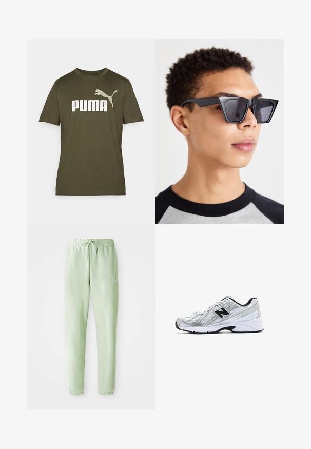 Oliven grøn bomulds t-shirt med et stort hvidt "PUMA" logo og en springende puma grafik på venstre skulder. Korte ærmer, rund hals.; Lys grønne sweatpants lavet af blødt bomuld, med elastisk talje med snøre og tapered ben, afsluttet med samlede manchetter.; Sølv atletisk sko med mesh-materiale, sorte accenter, perforeret design og en polstret hvid sål. Har et fremtrædende 'N' logo.; Svarte, kantede solbriller med mørke linser, der har et iøjnefaldende geometrisk design og en mat overflade. Bæres af en person med kort hår.