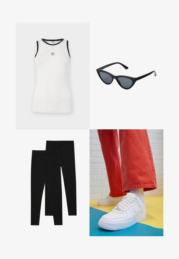 White sleeveless tank top with black trim around the neckline and armholes. Features a small black logo on the front. Soft cotton material.; Black leggings made of stretchy fabric, featuring a seamless waistband and a slim fit design, suitable for casual wear or exercise.; White leather sneaker with perforated toe box, textured sole, and white laces, paired with wide red pants and a blue and yellow background.; Black cat-eye sunglasses with dark gray lenses, sleek plastic frame, pointed corners, and straight temples. No visible hardware or accents.