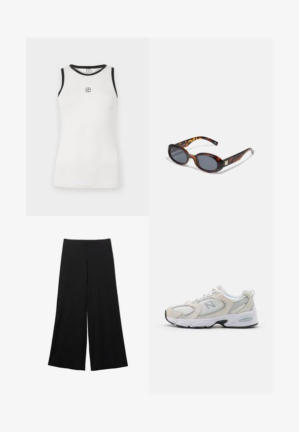 Hvid ærmeløs tanktop med sort kant rundt om halsudskæringen og armhullerne. Har et lille sort logo foran. Blødt bomuldsstof.; Sorte bredbenede bukser lavet af et blødt stof. Har en høj talje og en glat tekstur uden synlige mønstre eller accenter.; Sportssko med en lys grå mesh-overdel og ruskindsdetaljer, hvide snørebånd og en sort gummisål. Bemærkelsesværdig ABZORB dæmpning.; Brune skildpaddemønstret solbriller med ovale linser og mørkegrå toning. Har en guldfarvet accent på stængerne. Glat plastoverflade.; Hvid håndtaske med en buet silhuet, tekstureret læder, gyldent hardware og en aftagelig strop med et logo og spænde detaljer.