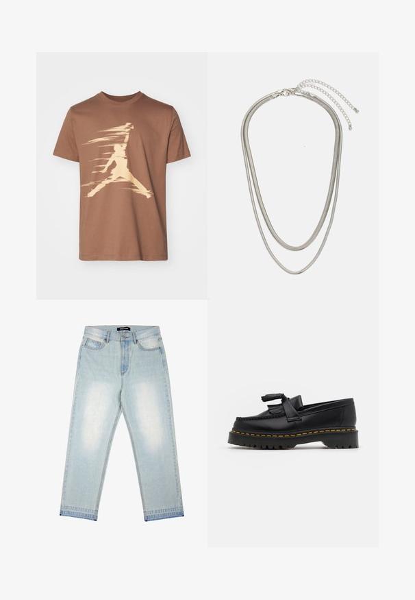 Jordan CREW - Marškinėliai su spaudiniu - archaeo brown/orange chalk/orange chalk; Pegador BARROW - Laisvi džinsai - sand washed blue; Juodas odinis loaferis su kutais, turintis masyvų juodą pado ir geltonus siūlus palei kraštą. Textūruota danga.; Trijų sluoksnių sidabrinė metalinė apyrankė, kuri pasižymi stilingomis, lankstosiomis grandinėlėmis su švelniu blizgesiu, užsegama krabų užsegimu ir reguliuojama grandinė.