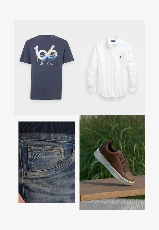 Mörkblå bomullströja med djärva grafiska tryck med siffrorna "1962" och varumärkestext, korta ärmar och rundad halsringning.; Vit långärmad skjorta i bomull med knappar. Har en klassisk krage, knappmanchetter och en liten broderad logotyp i marinblått på bröstet.; Blå denimjeans med en blekt textur, utrustade med en myntficka och en svart logotypdetalj på framsidan. Midjebandet är av mörk marinblå ribbad tyg.; Bruna lädersneakers med vit gummisula, rund tå och bruna snörningar. Texturerat grepp på sulan och slät yta på överdelen.