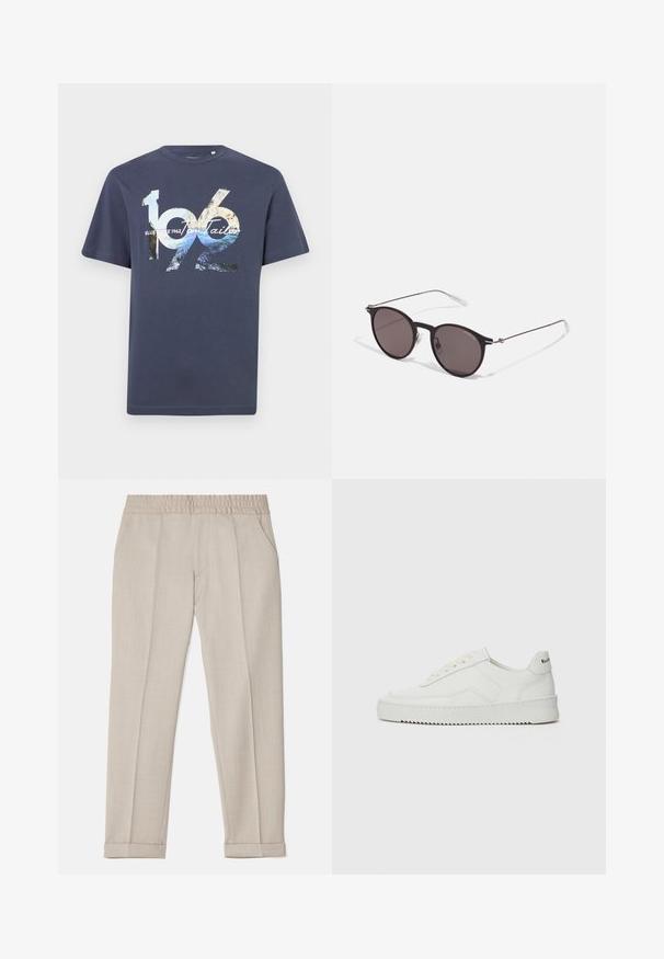 Tamsiai mėlynas medvilnės marškinėliai su ryškiais grafikos spaudiniais, kuriuose yra numeriai "1962" ir prekės ženklas, trumpomis rankovėmis ir apvalia iškirpte.; Filippa K TERRY CROPPED TROUSERS - Kelnės - sage melange; Balti odiniai sportiniai bateliai su lygia apdaila, apvaliu pirštu, plokščiais raišteliais ir tekstūruotu padu. Pasižymi subtiliu logotipu ant kulno.; Juodos apvalios saulės akinių su tamsiais lęšiais ir plonomis metalinėmis šakomis. Įtraukti skaidrūs šventyklų galai ir sidabriniai akcentai vyrio srityje. Minimalistinis dizainas.