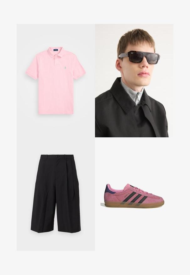 Light pink polo shirt made of cotton. Features a classic collar, short sleeves, and a small green logo on the left chest.; Black pleated shorts made of fabric with a smooth texture, featuring a front button closure and wide, loose-fitting legs.; Pink suede sneaker with black stripes, gum sole, and textured purple heel. Features a lace-up design and embossed branding on the side.; Tortoiseshell sunglasses with black accents and rectangular shape. Gray arms feature brand logo. Worn with a black coat and gray high-neck top.