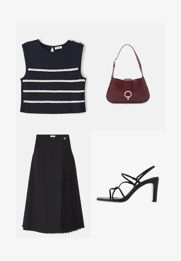 Marinefarget ermeløs topp med horisontale hvite striper laget av perledekorasjoner, med nøkkelhull bak og gylne knapper som aksent.; Svart midiskjørt med plisserte detaljer på den ene siden, laget av lett stoff med skjult glidelås og sidelommer.; Svarte hæler med tynne stropper, teksturert finish, åpen tå og et glatt, spisst hældesign. Har en myk innersåle og en blank overflate.; Burgunderfarget lærveske med en buet form, et gyllent sirkulært smykke og en enkel skulderstropp. Glatt tekstur, minimalistisk design.