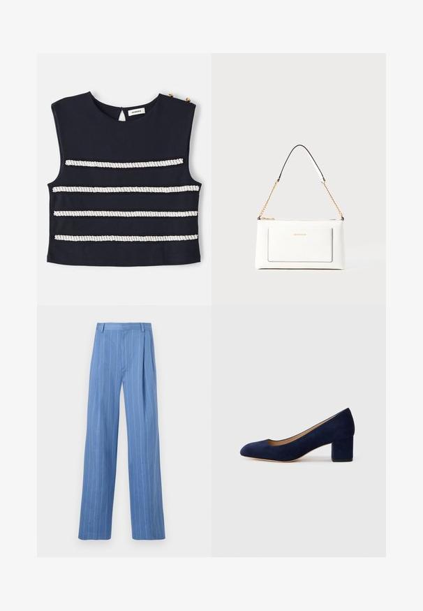 Top sin mangas azul marino con rayas horizontales blancas hechas de adornos de cuentas, con una abertura en la parte posterior en forma de llave y botones dorados decorativos.; Pantalones de pierna ancha azul claro con rayas verticales blancas. Hechos de un material suave, con un pliegue frontal y un diseño de cinturilla limpia.; Zapato de tacón de ante azul marino con punta afilada y tacón bloque de altura media. Textura suave con un ligero brillo y un pequeño corte en la parte delantera.; Bolso de mano de cuero blanco con un acabado texturizado, que cuenta con una correa de cadena dorada y acentos negros. Incluye un bolsillo frontal y cierre de cremallera.