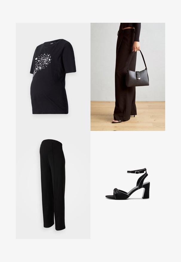 Μαύρη μπλούζα εγκυμοσύνης με κοντά μανίκια, διαθέτει λευκή γραφική παράσταση με καρδιές και το κείμενο "Έτοιμη να Ξεσπάσω". Φτιαγμένη από μαλακό βαμβακερό υλικό.; Μαύρο παντελόνι, ψηλόμεσο, με ίσια γραμμή, που διαθέτει λεία υφή και χωρίς ορατούς κλεισίματα, με έμφαση στις λεπτομέρειες στις πλαϊνές ραφές.; Μαύρες σουέτ σανδάλια με τακούνι και ευρύ μπλοκ τακούνι, ρυθμιζόμενη λουρί στον αστράγαλο, ανοιχτή σχεδίαση στο μπροστινό μέρος και αντίθετο ραμμένο διακοσμητικό.; Μαύρη τσάντα χειρός με δομημένο σχήμα, λεία υφή και μεταλλικό κούμπωμα. Συνδυασμένη με φαρδιά μαύρα παντελόνια και σανδάλια ανοιχτής μύτης πάνω σε ξύλινο πάτωμα.