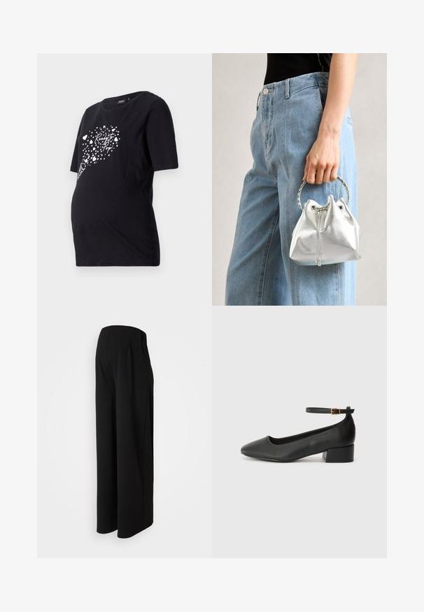 Čierne tehotenské tričko s krátkymi rukávmi, na ktorom je biela grafika srdiečok a text "Ready to Pop." Vyrobené z mäkkej bavlny.; Vero Moda Maternity VMMBECKY SUPER WIDE PANTS - Nohavice - black; Čierne kožené lodičky s špicatou špičkou a nízkym blokovým podpätkom. Obsahuje remienok okolo členka so zlatým prackou. Hladký povrch.; Metalická strieborná kabelka s textúrovaným povrchom, zdobená striebornou okrúhlou rukoväťou a uzáverom na šnúrku, držiaca sa pred svetlo modrými džínsami.
