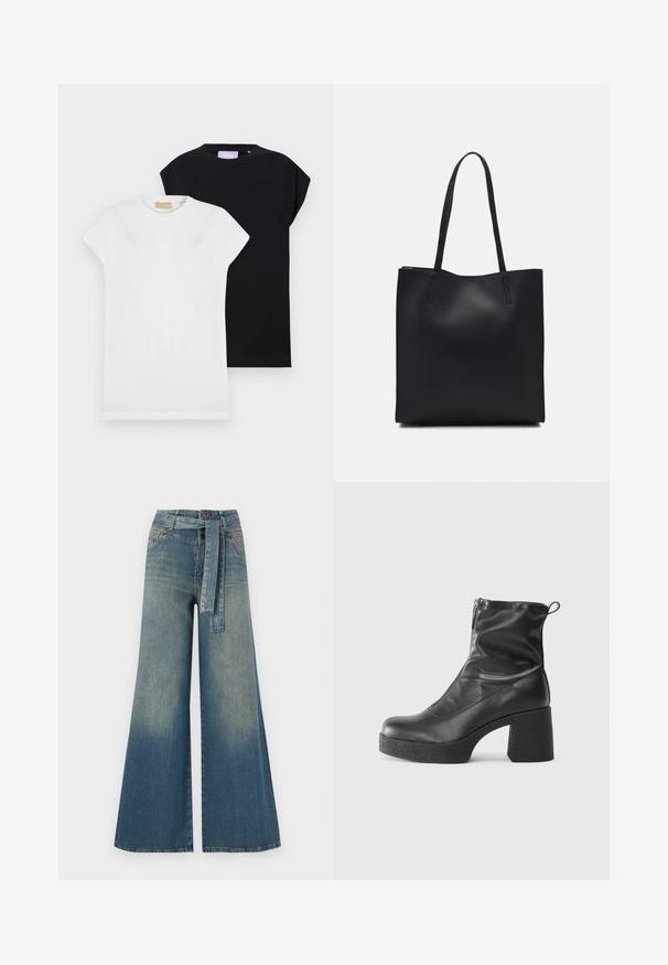 Két rövid ujjú póló, az egyik fehér, a másik fekete, mindkettő puha pamutból készült, kerek nyakkivágással és laza szabással.; Bőszárú farmernadrág, világos és sötétkék árnyalatokkal, magas derekú, övgyűrűkkel és a nadrággal megegyező anyagú övvel. Textúrált farmer kivitel.; Fekete bokacsizmák sima bőrből, oldalsó cipzárral, vastag, texturált sarkú és lekerekített orrú dizájnnal.; Fekete bőrtáska sima felszínnel, téglalap alakú, két hosszú füllel. Nincs látható fémkiegészítő vagy díszítés.