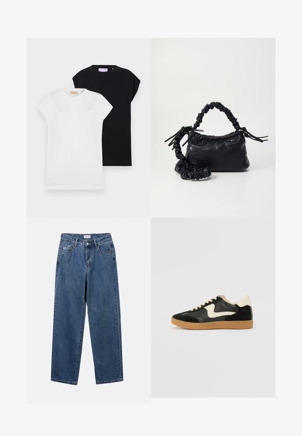 Divi īsām piedurknēm T-krekli, viens balts un viens melns, abi izgatavoti no mīkstas kokvilnas auduma, ar apaļu kakla izgriezumu un brīvu piegriezumu.; Klasiskie zili džinsi ar taisnu kāju dizainu, pieciem kabatām un pogu aizdari. Iezīmējas ar vidēju mazgāšanu un izturīgu tekstūru.; Melna zamšāda un ādas sporta apavi ar krēmkrāsas sānu svītru un gaiši krēmkrāsas papēdi. Ar beigu krāsas auklām un gumijas zole.; Melnā mākslīgās ādas rokassoma ar krokodila rakstu, savilkta augšdaļa un saburzīta siksna. Izskatās mīksta un kompakta pēc dizaina.