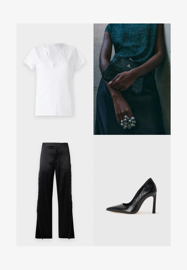 Biele bavlnené tričko s krátkymi rukávmi, vo voľnom strihu a s výstrihom do V, ktorý má záhyb s piatimi dekoračnými gombíkmi.; Čierne saténové nohavice so širokými nohavicami, s strapcovými detailmi pozdĺž bočných švov a plochým pásom vpredu. Jednoduchý zadok bez vreciek.; Čierna lodička s špicatou špičkou a lakovanou textúrou krokodíla, s elegantným dizajnom, vysokým stiletto podpätkom a hladkým čiernym interiérom.; Čierna clutch kabelka s krokodílovým vzorom a striebornými kovovými prvkami, držaná proti textúrovanému sivému pozadiu. Má lesklý povrch.
