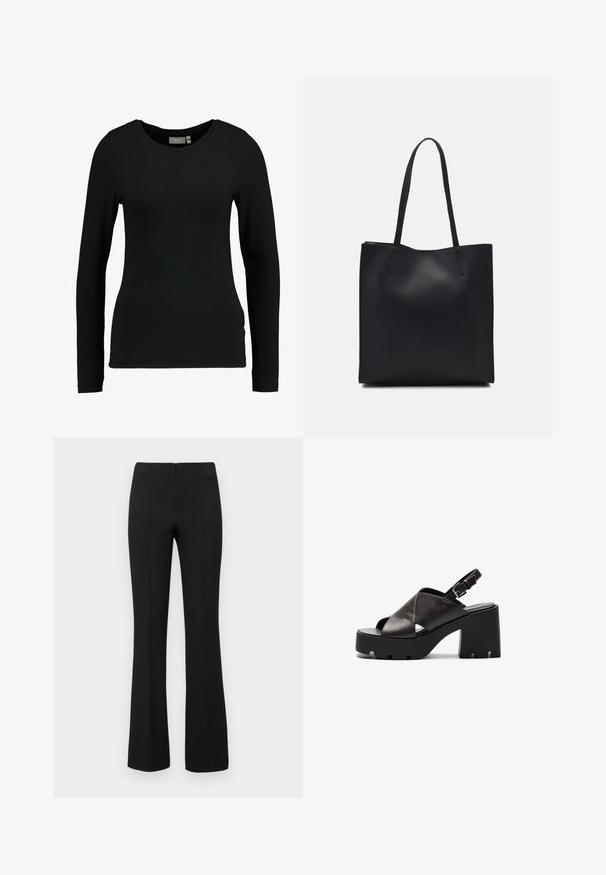 Čierna dlhá polokošeľa vyrobená z jemnej bavlnenej zmesi. Má okrúhly výstrih a priliehavý strih s hladkou štruktúrou. Žiadne vzory ani akcenty.; Čierne rozšírené nohavice s rebrovanou textúrou a priliehavým pásom. Dizajn obsahuje vertikálne švy pre štíhly vzhľad. Žiadne viditeľné kovové prvky.; Čierne kožené sandále na vysokom podpätku s robustnou platformou, dizajnom krížových popruhov, nastaviteľnou sponou a textúrovanou podrážkou.; Čierna kožená taška na rameno s hladkým povrchom, obdĺžnikovým tvarom a dvoma dlhými uchami. Bez viditeľného kovania alebo ozdôb.