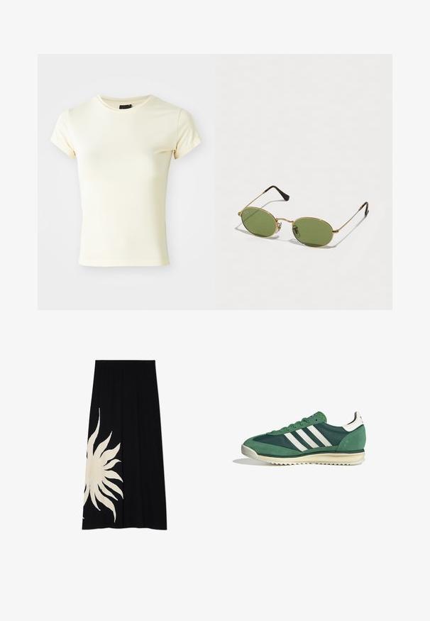 Cream-colored short-sleeve t-shirt made of soft fabric with a round neckline, featuring a fitted shape and no visible patterns or accents.; Black skirt featuring a large white sun design on one side, soft texture, and a flowing shape, suitable for casual wear.; Green athletic shoes featuring a mix of suede and synthetic materials, three white stripes, and a textured rubber sole.; Oval sunglasses with green lenses, gold metal frame, and dark brown plastic tips. Lightweight with visible Ray-Ban logo on one lens.; Yellow pleated handbag made of smooth faux leather, featuring a soft shape with a single shoulder strap and gathered top design.