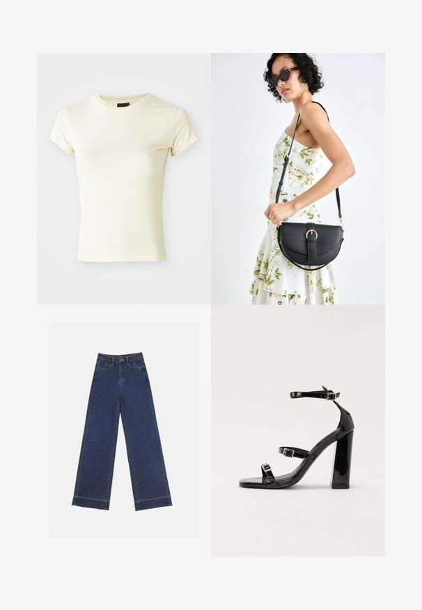 Cream-colored short-sleeve t-shirt made of soft fabric with a round neckline, featuring a fitted shape and no visible patterns or accents.; Wide-leg jeans in dark blue denim. Features five pockets, belt loops, and a raw hem at the bottom with visible stitching details.; Black patent high-heeled sandals with two buckle straps, square toe, and a chunky block heel, featuring a smooth, glossy texture.; Black leather handbag with a curved shape, detachable strap, and gold hardware. The bag features a flap with a buckle detail.