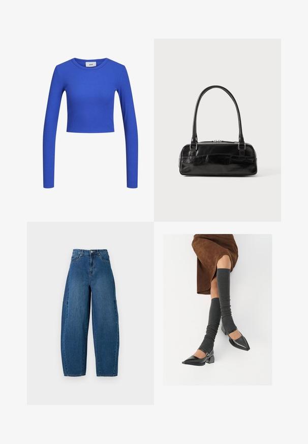 Μπλε ριγέ μακρυμάνικο cropped τοπ με στρογγυλή λαιμόκοψη. Λείο υφασμα και εφαρμοστό σχέδιο, με διακριτό μοτίβο σε όλη την επιφάνεια. Ορατή ετικέτα μάρκας.; Τζιν παντελόνι σε μεσαία μπλε απόχρωση, με ψηλή μέση, φαρδιά κοπή ποδιού και τυπικό σχέδιο πέντε τσεπών με εμφανείς ραφές.; Μαύρες πατεν leather γόβες με αιχμηρή μύτη, τετράγωνη φτέρνα και λουράκι αστραγάλου, συνδυασμένες με γκρι ριγέ ζεστά ποδιές και καφέ σουέντ φούστα.; Μαύρη δερμάτινη τσάντα χειρός σχήματος ορθογωνίου, με μια ενιαία δομημένη λαβή, ασημένια μεταλλικά στοιχεία και κλείσιμο με φερμουάρ. Λείο υλικό.