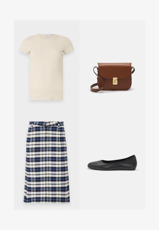 Cremefarvet ribbet T-shirt med korte ærmer og rund halsudskæring, lavet af blødt, strækbart materiale. Simpelt design og tætsiddende pasform.; Rutet nederdel i marineblå, hvid og grå. Har en lige silhuet, knaplukning og en subtil struktur med gittermønster.; Sort læderballetsko med rund tå, glat tekstur, minimal syning og et fleksibelt såldesign.; Brun læder håndtaske med flaplukning, hardware i gyldent tone, en skulderrem og en glat overflade. Kompakt rektangulær form.