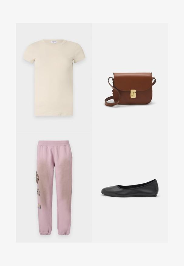 Cream ribbed short-sleeve T-shirt with a rounded neckline, made from soft, stretchy fabric. Simple design and fitted shape.; Pink sweatpants with an elastic waistband, featuring decorative patches in diamond shapes on the left side and elastic cuffs at the ankles.; Black leather ballet flat with a rounded toe, smooth texture, minimal stitching detail, and a flexible sole design.; Brown leather handbag with a flap closure, gold-tone hardware, a shoulder strap, and a smooth texture. Compact rectangular shape.