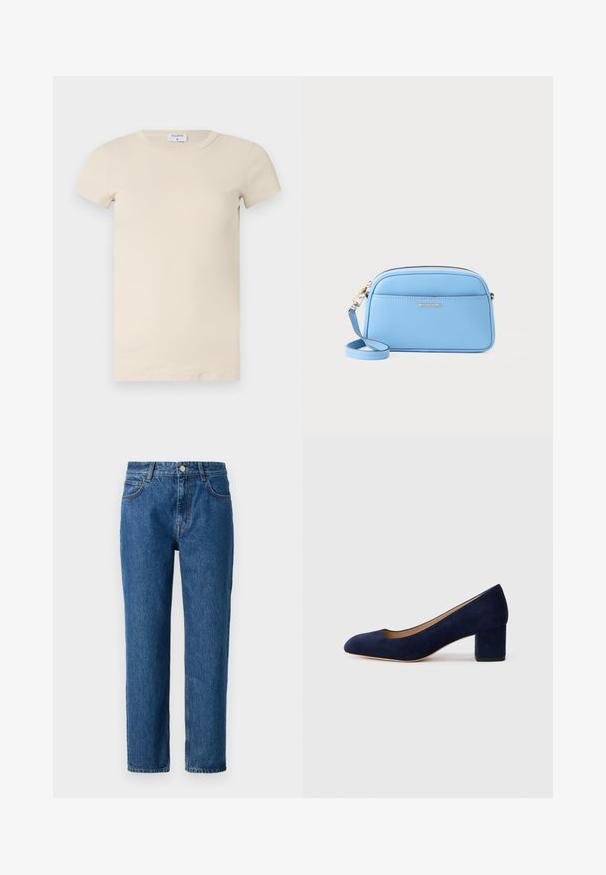 Kremna rebrasta majica s kratkimi rokavi in okroglo ovratnikom, narejena iz mehkega, raztegljivega materiala. Preprost dizajn in prilegajoč kroj.; Modri denim kavbojki s ravnim krojem, opremljene z gumbom, zankami za pas in sprednjimi žepi. Narejene so iz teksturirane bombažne tkanine.; Temno modri nubuk čevlji s koničastim nosom in srednje visokim blokom. Gladka tekstura z diskretnim sijajem in majhnim izrezom spredaj.; Svetlo modra usnjena torba čez ramo z zlatimi dodatki, zadrgo in sprednjo žepko. Ima nastavljiv trak za udobje.