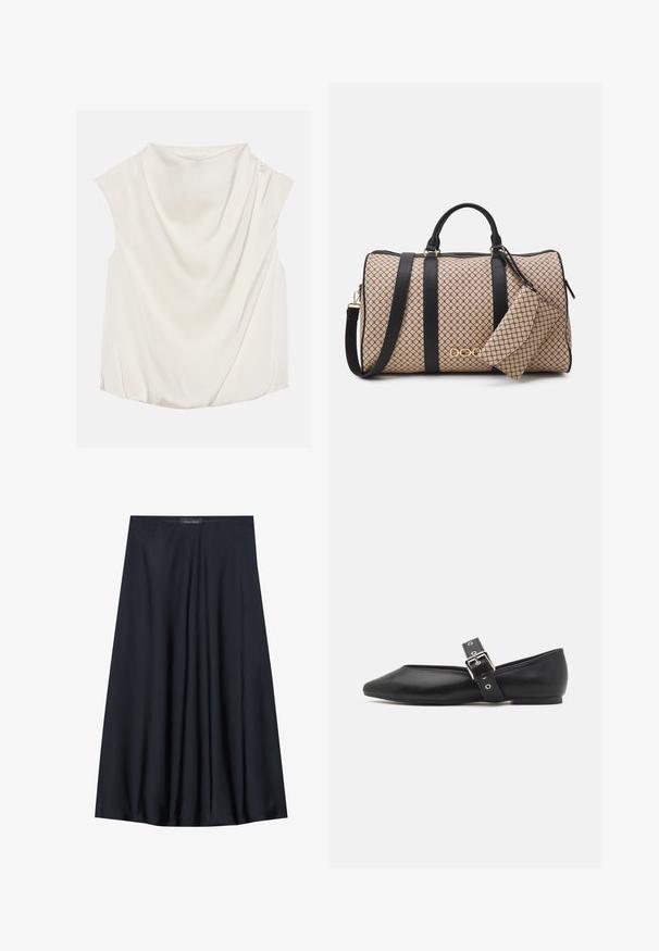 Anna Field Blouse - off-white; Black, knee-length skirt made of lightweight fabric with a flowy design. Features a smooth texture and subtle pleats for added detail.; Black leather flat shoe with a pointed toe, side strap featuring a silver buckle, and a low heel. Smooth texture and minimalistic design.; Duffle bag with a beige patterned exterior, black leather straps, gold hardware, and a small matching pouch attached. Structured design.; Gold-tone rectangular wristwatch with a white dial, silver-tone hour markers, and a durable metal link bracelet. Water-resistant feature included.