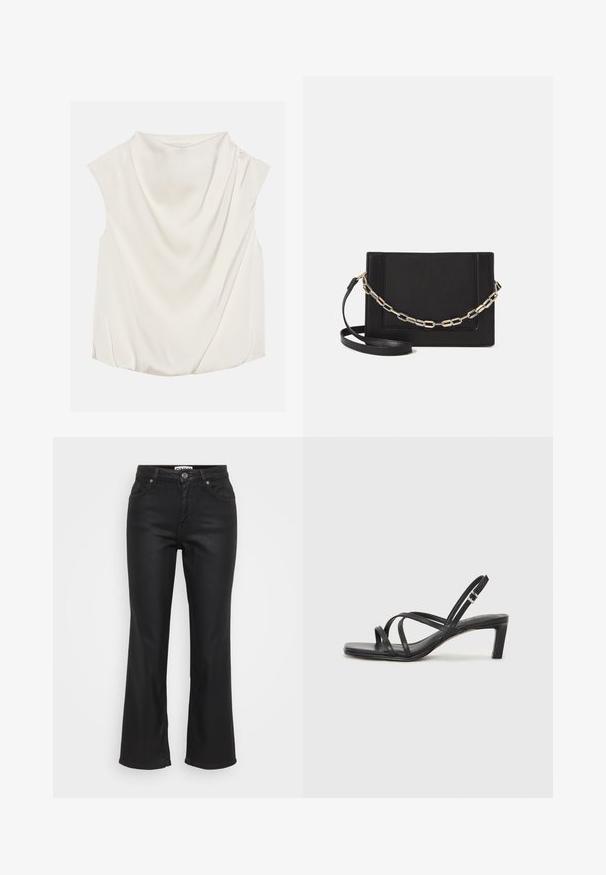 Anna Field Blūze - off-white; Melnas flared džinsus no denima ar priekšējo pogu aizdari, piecām kabatām un gludu, nedaudz spīdīgu tekstūru.; Melnas strappy sandales ar kvadrātveida purngaliem un zemu bloku papēdi. Ievērojamas ar vairākiem plāniem siksniņām un regulējamu potītes siksniņu. Izgatavotas no gludas ādas.; Melna ādas crossbody soma ar gludu faktūru, taisnstūrveida formu un metalizētu ķēdes detaļu priekšā. Iekļauta regulējama siksna.