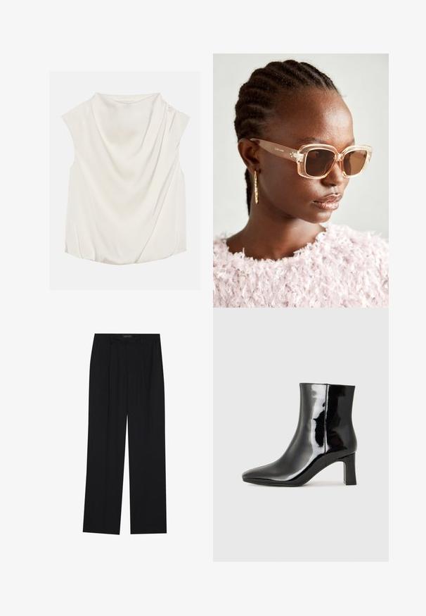 Anna Field Blouse - off-white; Black trousers with a straight-leg design, featuring two front pockets and a waistband. Made from a smooth, lightweight fabric.; Black patent leather ankle boot with a pointed toe and a mid-height block heel. Smooth texture and minimalist design.; Beige oversized sunglasses with a clear frame and brown tinted lenses, featuring subtle floral accents and bold, geometric design.
