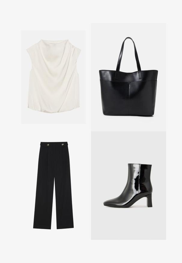 Anna Field Blouse - off-white; Black wide-leg trousers with high waist, button details on waistband, and front pleats.; Black patent leather ankle boot with a pointed toe and a mid-height block heel. Smooth texture and minimalist design.; Black leather tote bag with two long handles, a smooth texture, and a structured shape. Features a front pocket for additional storage.